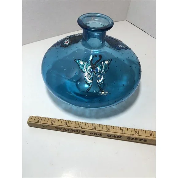 Beautiful Aqua Blue Glass fat vase with butterflies 9.5" Dia. Teal Blue Green - Picture 5 of 8